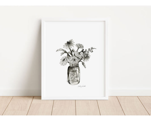 Mason Jar Flowers Print- Water Color Art Print