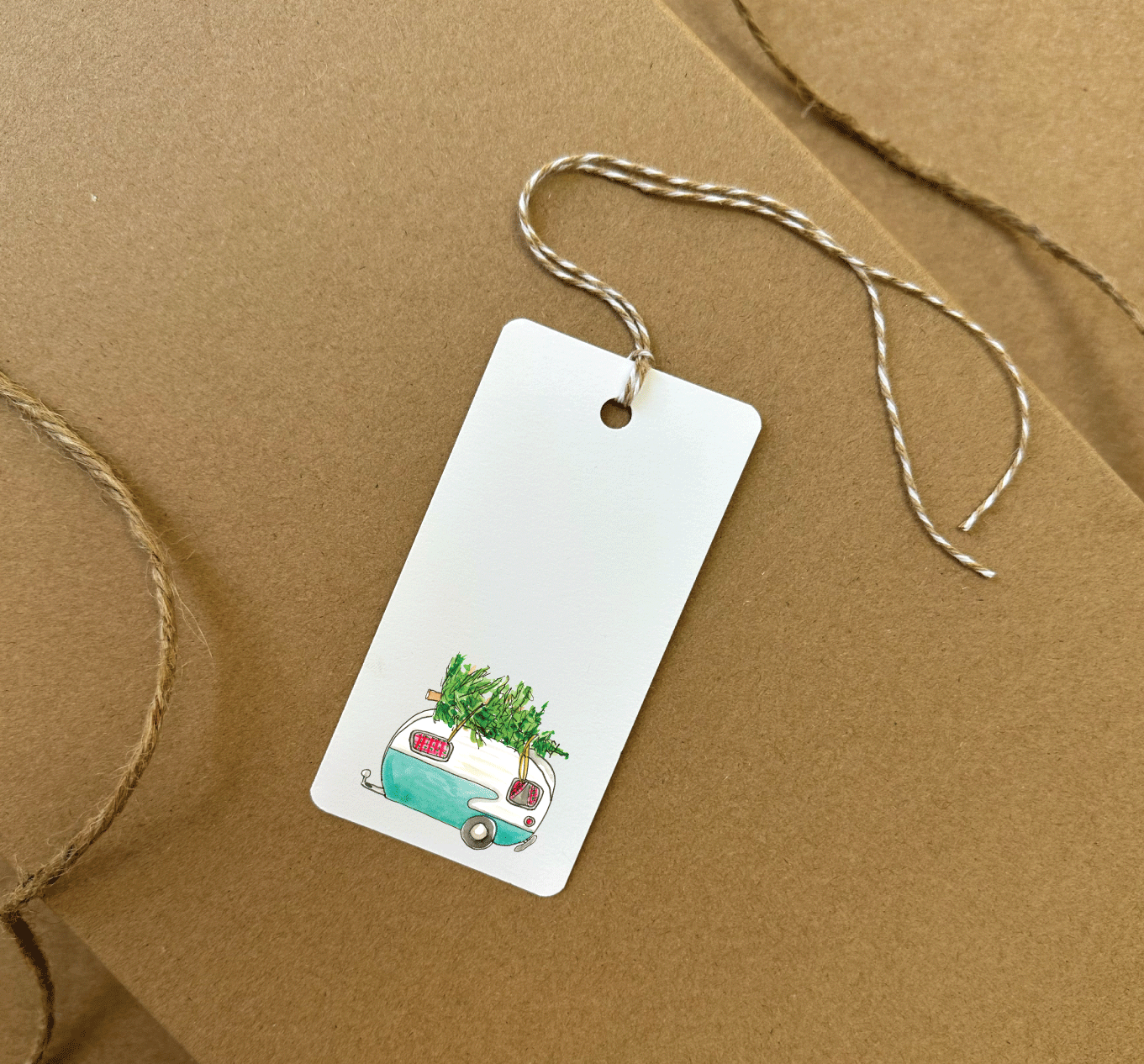 Camper Trailer with Christmas Tree Gift Tag