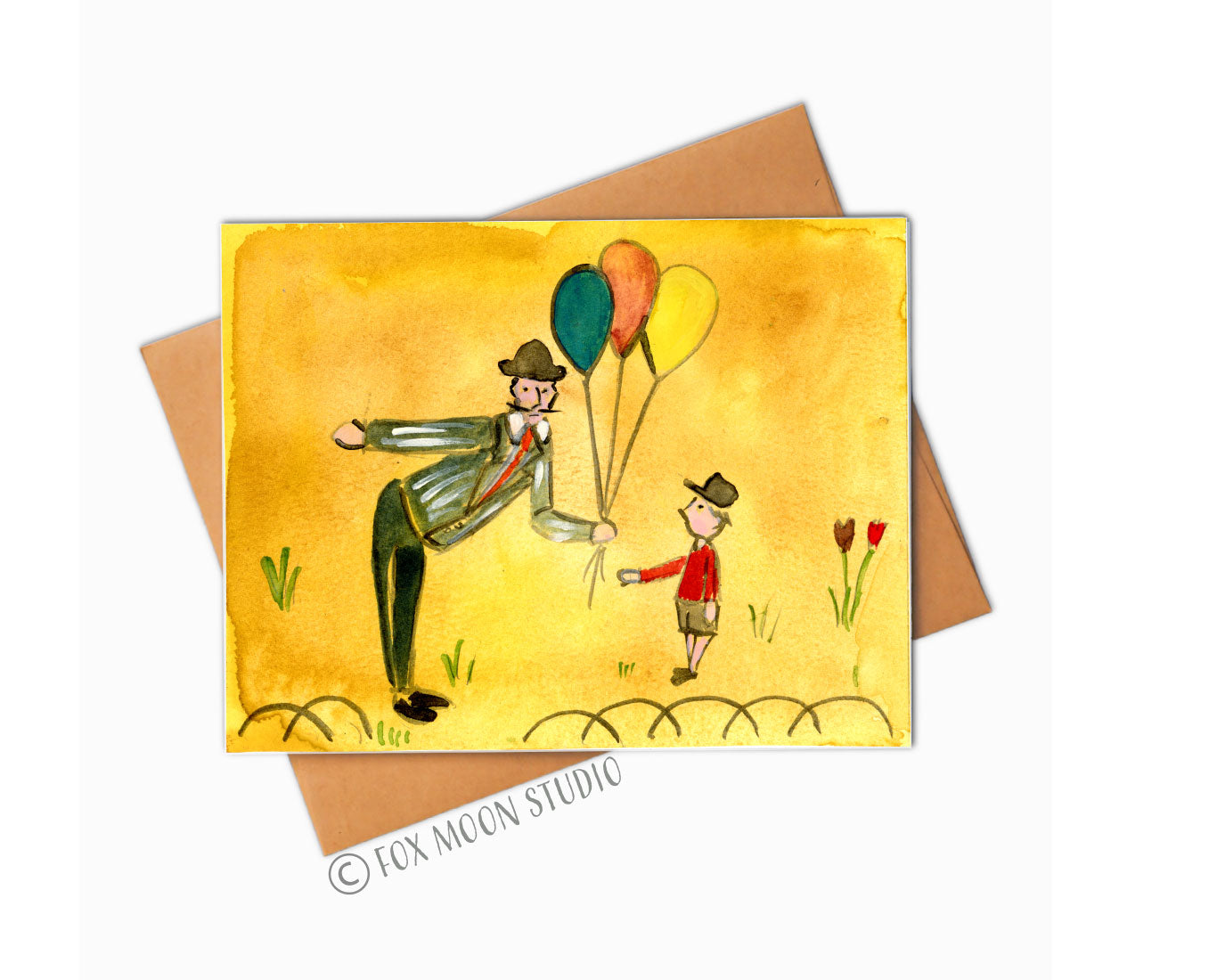 Bemelmans Inspired Whimsical Man with Balloons - Greeting Card