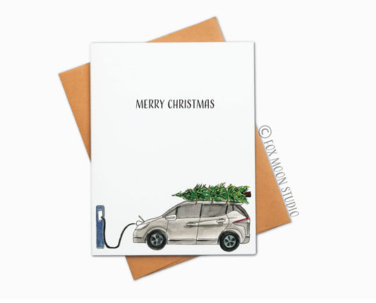 Merry Christmas Electric Car - Holiday Christmas Greeting Card